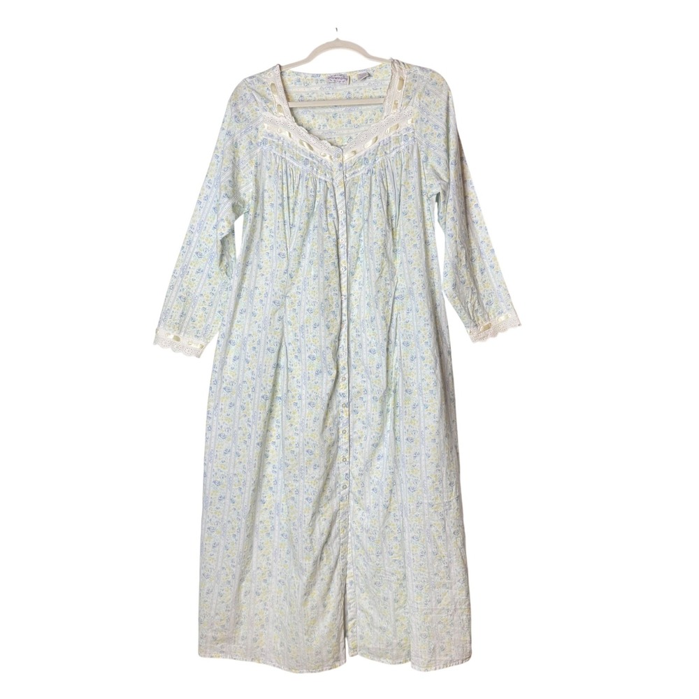 Lanz of Salzburg Nightgown Sz S Floral 100% Cotton Full Button Front Pocket Robe